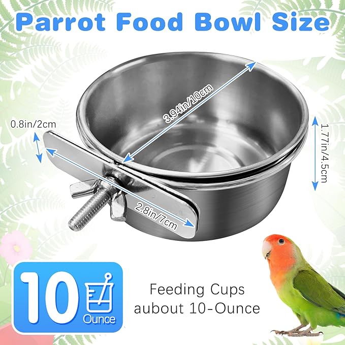 Tfwadmx Bird Feeding Dish Cups Parrot Food Bowl Clamp Holder Coop Cup, 2PCS Bird Cage Water Bowl for Parakeet African Greys Conure Cockatiels Lovebird Budgie Chinchilla