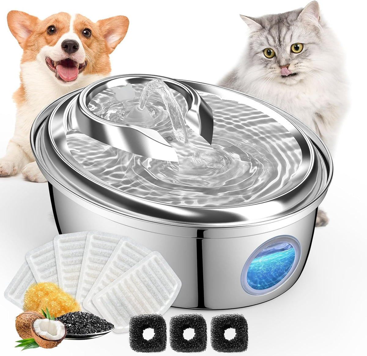 ORSDA Stainless Steel Cat Water Fountain, Automatic Pet Drinking Fountain, 100oz/3L Dog Water Dispenser with LED Water Level Window- 9Pcs Filters（ D66