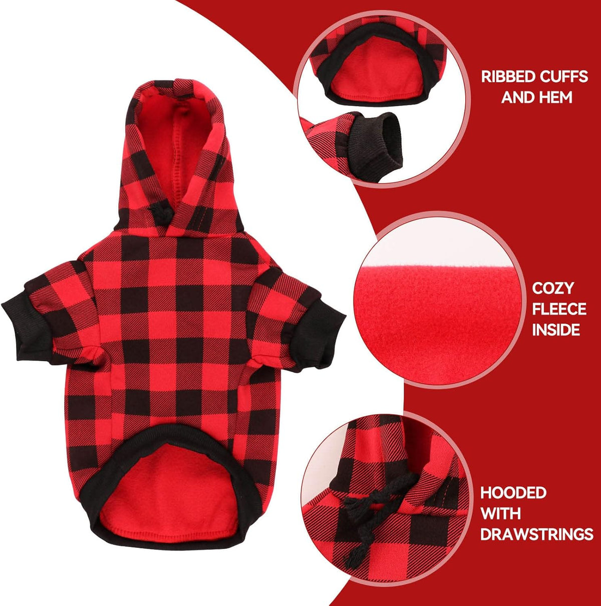Dog Hoodie Sweater Red Buffalo Plaid Pet Clothes Warm and Soft Breathable Cozy Pet Hoodies for Large Dogs Dog Sweaters for Extra Large Dogs with Pocket(XL)