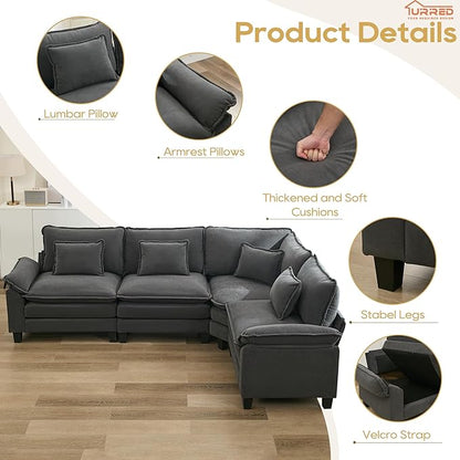URRED Cloud Couch Modular Sectional Sofa, 116" Modern L Shaped Deep Seat Sofa with Pillows, Ultra Comfy Velvet Corner Couches for Living Room, Bedroom or Apartment, Dark Gray