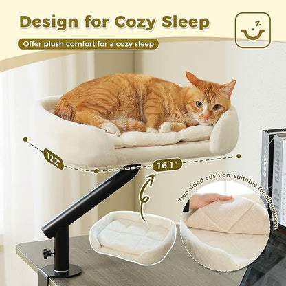 PAWZ Road Cat Desk Bed for Indoor Cats, Cat Bed for Desk Supports Up to 50 lbs, 360° Rotation & Adjustable, Nest Desktop Attachment Cats Hammock for Table, White