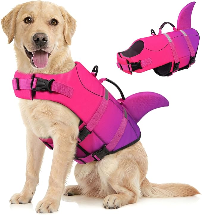 Dog Life Jacket High Flotation, Reflective Dog Life Vest for Swimming, Adjustable Dogs Life Preserver Rescue Handle Spring Summer Pool for Small, Medium, Large Dogs (Pink Purple,XL)