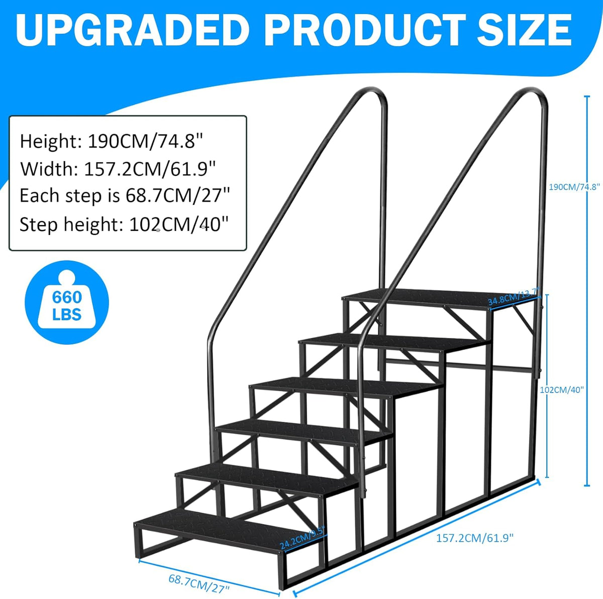 RV Stairs 6 Step Ladder, RV Steps Anti-Slip, Hot Tub Steps with Handrail, 660 lbs RV Ladder for 5th Wheel RV, Mobile Home Stairs(2handrails)