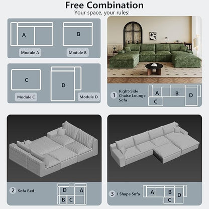 136" Cloud Sectional Couch U-Shaped Chaise with Ottoman, Corduroy Boneless Couch for Living Room Bedroom, Deep-Seat Upholstered Modular Cloud Sofa, No Assembly Required (Green, Right Facing Chaise)