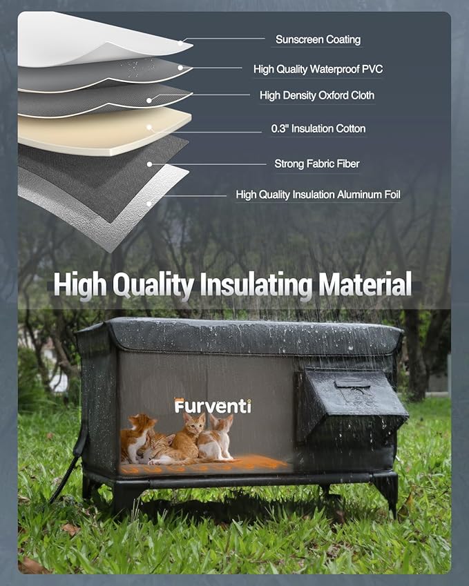 Outdoor Heated Cat House in Winter,Extremely Insulated & Weatherproof,Elevated Feral Cat Shelter with Waterproof Eaves & Escape Door for Outside Stray Barn Cat (Dark Grey, XL)