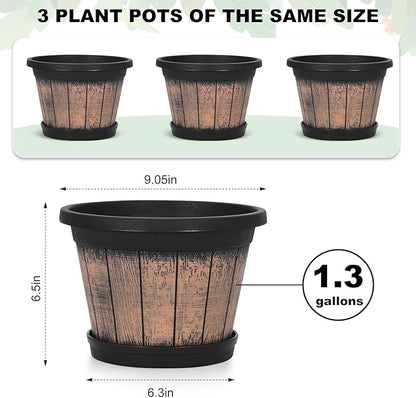 Quarut Plant Pots Set of 3 Pack 9 inch,Whiskey Barrel Planters with Drainage Holes & Saucer.Plastic Decor Flower Pots Imitation Wine Barrel Design,for Indoor & Outdoor Garden Home Plants (Brown)