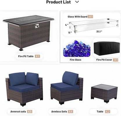 Kullavik 15PCS Outdoor Patio Furniture Set with 43" 55000BTU Gas Propane Fire Pit Table PE Wicker Rattan Sectional Sofa Patio Conversation Sets w/8 Coner Sofas,Dark Blue