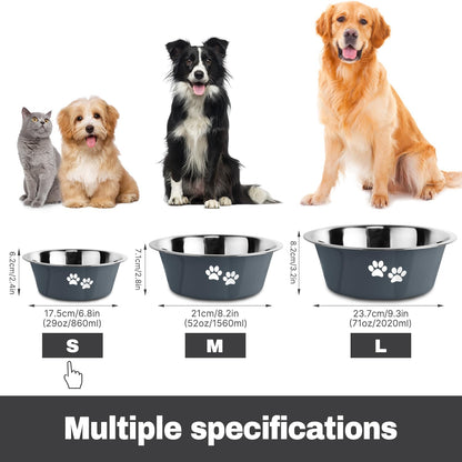 Stainless Steel Dog Bowls, Nonslip Rubber Bottom No Spill Proof Skid Metal Insulated Dog Bowls for Large Medium Small Breed Dogs (Grey, 3.6 Cups/29 OZ)