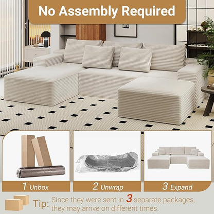 KAPEETOO U Shaped Boneless Sectional Couch with Chaise Ottoman, Giant Cloud Modular Sectional Sofa with Deep Seat, Oversize 3-Seater Boneless Couch for Living Room Bedroom Left Facing Chaise (White)