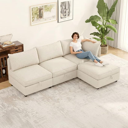 FIRLZY Modular Sectional 4 Seater Sofa with Removable Covers and Storage, Convertible L-Shaped and Sleeper Sectional, Modern Upholstered Couch with Removable Ottoman for Living Room, Beige