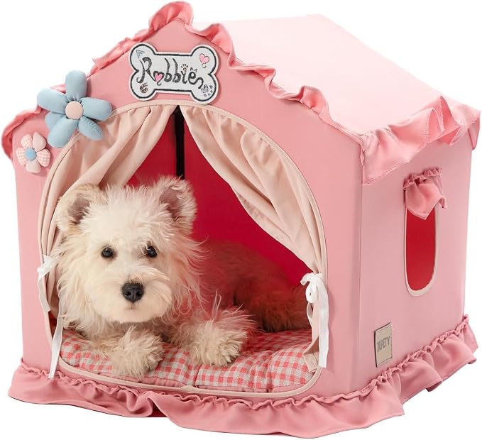 Indoor Dog House with Frame, Cute Dog Tent Bed with Cover Cave | Breathable, Washable, and Foldable House, Suitable for 14-26 Lb Puppy and Cats, Medium (20"×20"×20"), Pink