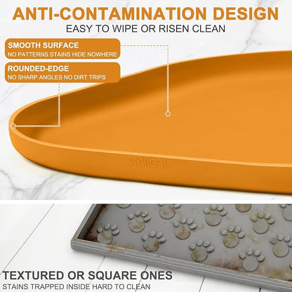 SMILOOL Waterproof Silicone Pet Food Mat with Raised Edge for Dog & Cat | 22" x 14" Non-Slip Pet Feeding Mats with Lip for Food & Water Bowl, Food Grade, Easy Cleaning, Orange