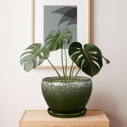 Ceramicfor 10 Inch Planter Pot - Ceramic Pots for Plants with Drainage Hole and Saucer, Round Large Flower Pot for Indoor Plants, Dark Green