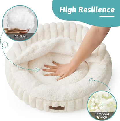 COZY KISS Hooded Blanket Cat Bed – 20"x20" Round Fluffy Donut Cuddler for Cats & Toy Dogs, Anti-Anxiety Faux Fur Pet Bed, Machine Washable with Non-Slip Bottom, Cream