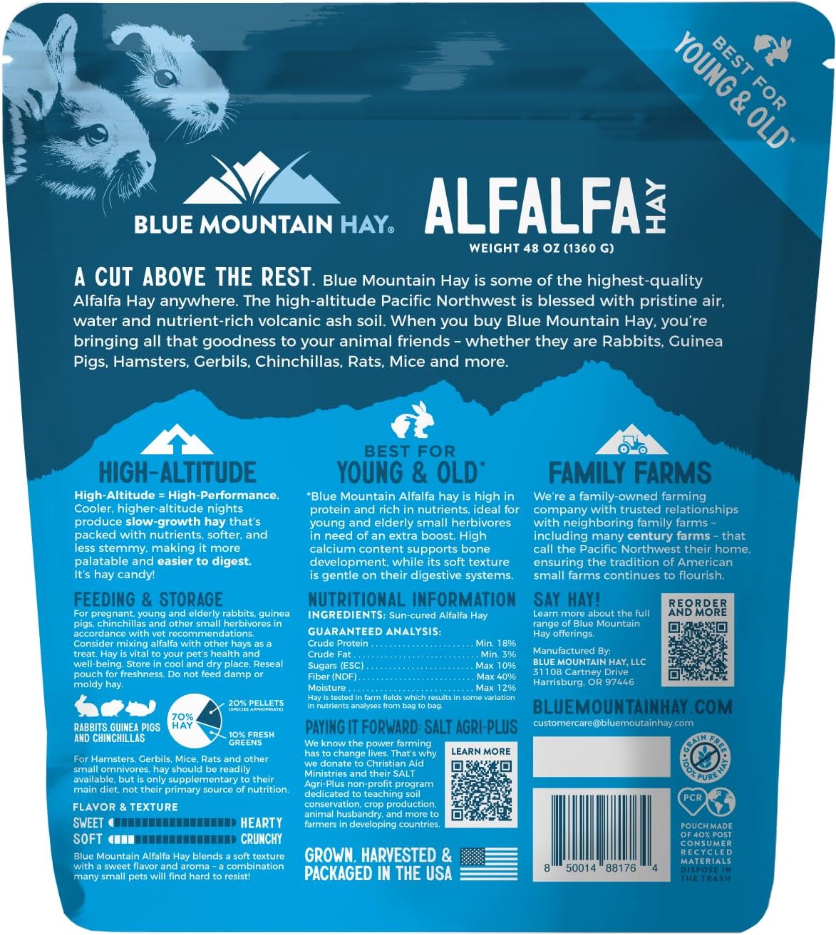 Blue Mountain Hay | Fresh Alfalfa Hay (48 Ounce) | High Leaf Retention | Nutritious High-Altitude Hay Pet Food for Rabbits, Guinea Pigs, Chinchillas, Hamsters, and Other Small Pets