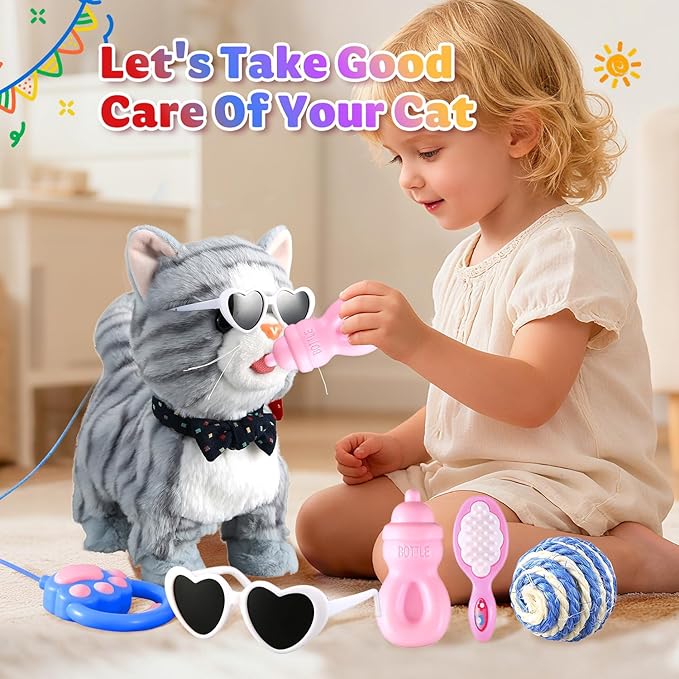 Gray Leash Walking Cat Set Interactive Talking Cat Singing Dancing Kitten Mimicking Repeat What You Say Kitty Touch and Voice Control Nodding Wagging Tail Plush Electric Kitty for Kid Gril