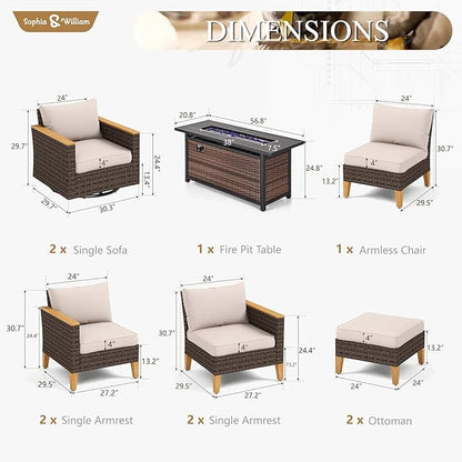 Sophia & William Patio Furniture Set with 56" Fire Pit Table & Swivel Chairs, 10 Piece Outdoor Sectional Furniture Wicker Modular Sofa Couch, Conversation Set for Deck Backyard Lawn, Beige