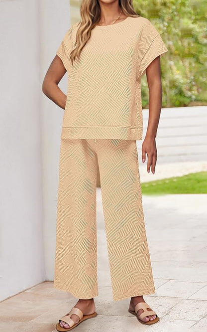 PRETTYGARDEN 2 Piece Outfits For Women Casual Tracksuit Short Sleeve Tops And Wide Leg Long Pants Matching Lounge Sets