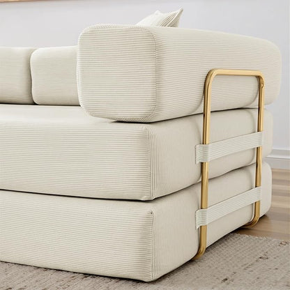 Antetek Convertible Futon Sofa Bed, 3 Seater Modern Corduroy Foam Floor King Size Bed Fold Out Sleeper Lounge Loveseat Sofa Couch with 2 Throw Pillows for Living Room Bedroom Guest Room, Beige