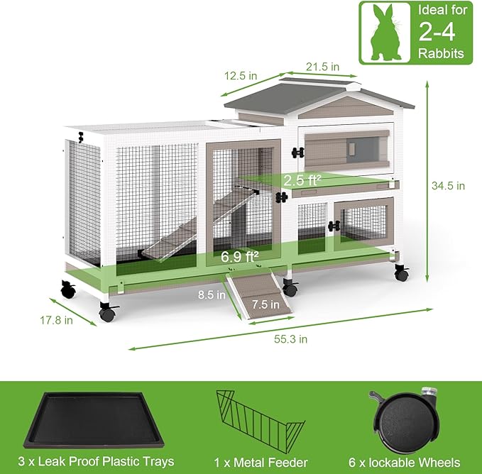 2 Story Rabbit Hutch Outdoor Indoor, Wooden Bunny Cage with 6 Lockable Wheels, 3 Removable No Leakage Pull Out Trays, Chew-Proof Ramp & Waterproof Roof, Ideal for Rabbit & Guinea Pig