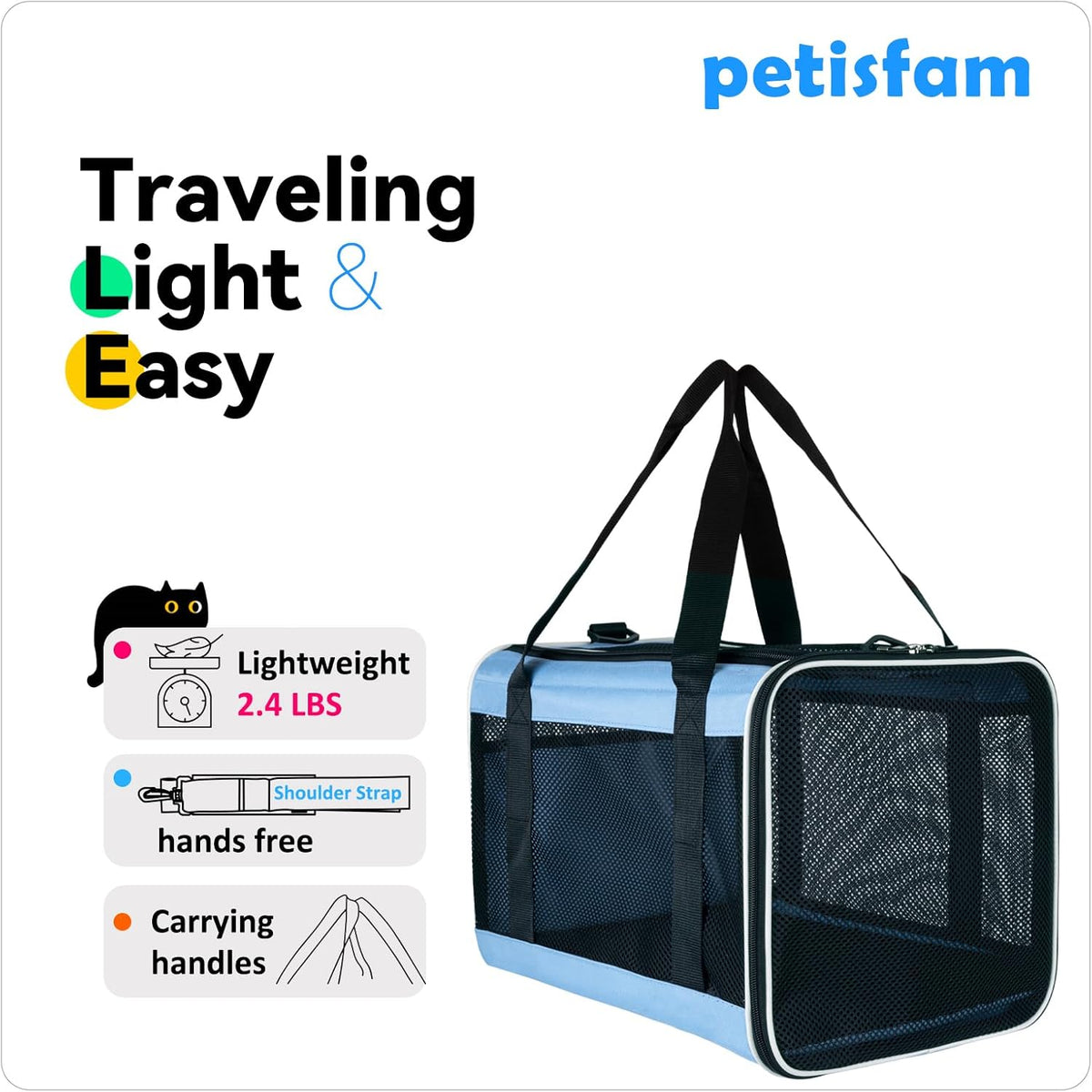petisfam Soft Pet Carrier for Large and Medium Cats, 2 Kitties, Small Dogs. Easy to Get Cat in, Great for Cats That Don't Like Carriers (Blue)
