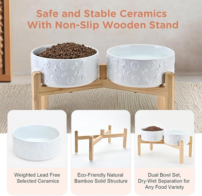 SPUNKYJUNKY Elevated Dog Bowls Ceramic, 7.3'' Dogs Food Water Bowls Raised with Non-Slip Bamboo Stand for Medium to Large Sized Breed Microwave Dishwasher Safe - 42 OZ,Skull White