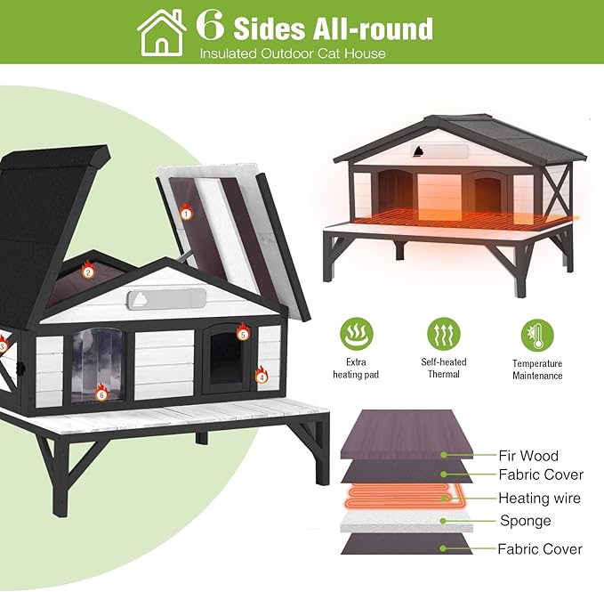 GUTINNEEN Heated Cat House for Outside Large Outdoor Cat House Insulated Weatherproof Feral Cat Shelter with Heating Pad, Insulated Thermal Liner, Chewproof Cable for 1-4 Cats, Winter-Ready (Black)