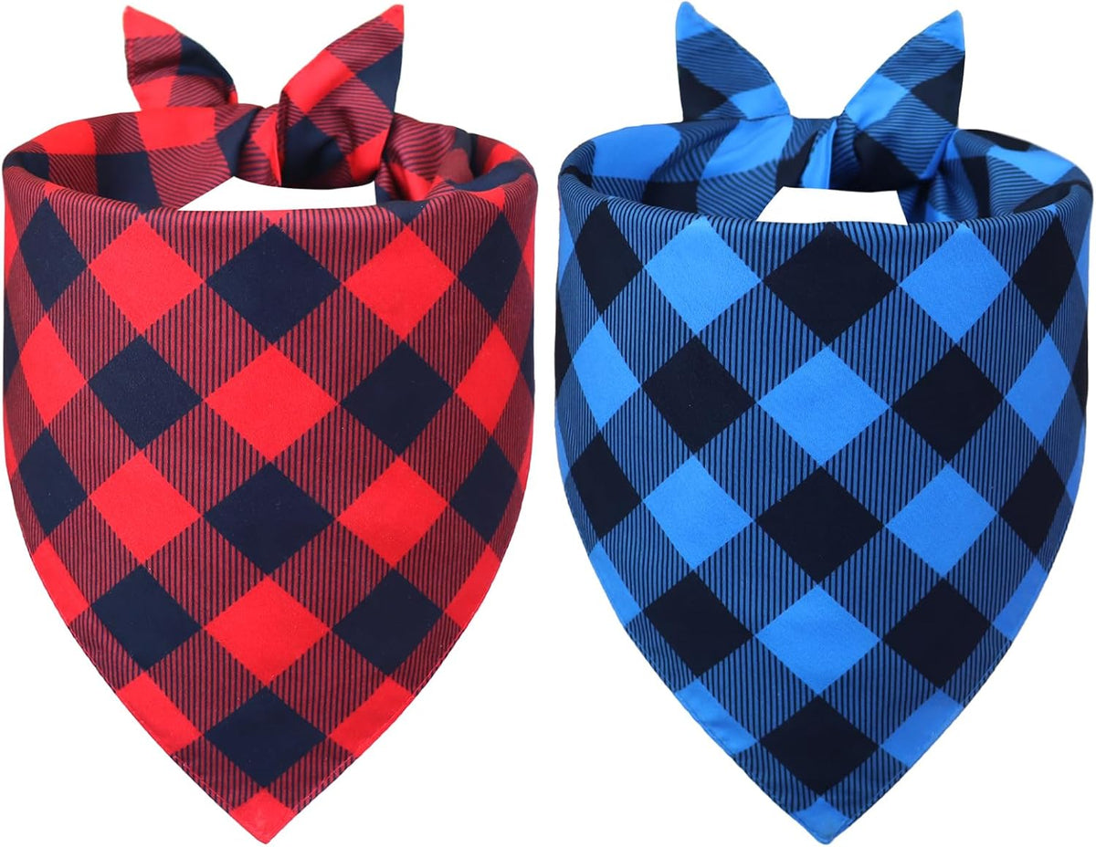 Plaid Dog Bandanas 2-Pack for Small Dogs, Red-Black & Blue-Black Buffalo Check Set - Adjustable Reversible Scarves for Boys & Girls