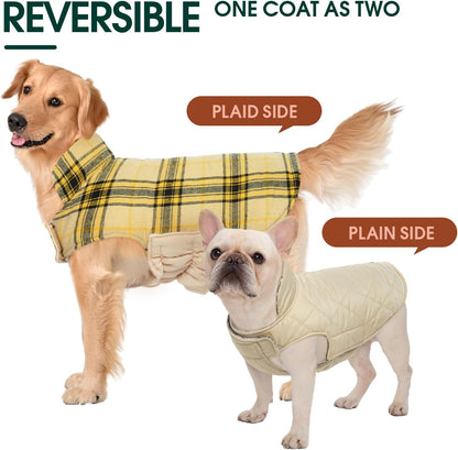 Kuoser Warm Dog Coat, Waterproof Dog Jacket for Extra Large Dogs, Adjustable Durable XL Doggie Winter Coat Reversible Cozy Puppy Cold Weather Apparel from Small to Large Breed, Yellow XL
