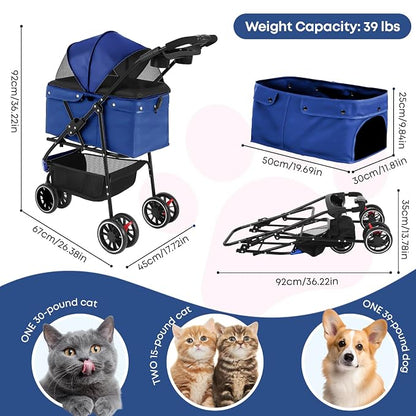 Pet Stroller,Dog Stroller for Small Medium Dogs Cats,3 Wheels,Navy Blue | Foldable,with Breathable Mesh Canopy,Cup Holders,Easy Assembly