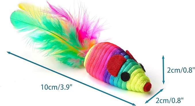 CHIWAVA 24PCS 5" Rattle Cat Toys Mice with Feathers Rainbow Rope Mouse Kitten Interactive Toy Assorted Color