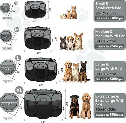 Siedihit Dog Cat Playpen with Washable Pee Pad, Puppy Pet Playpen | Indoor for Small Dog Crate Tent Cage Outdoor, Portable Pop Up Dogs Enclosure Kennel with Carrying Case,Dark Grey