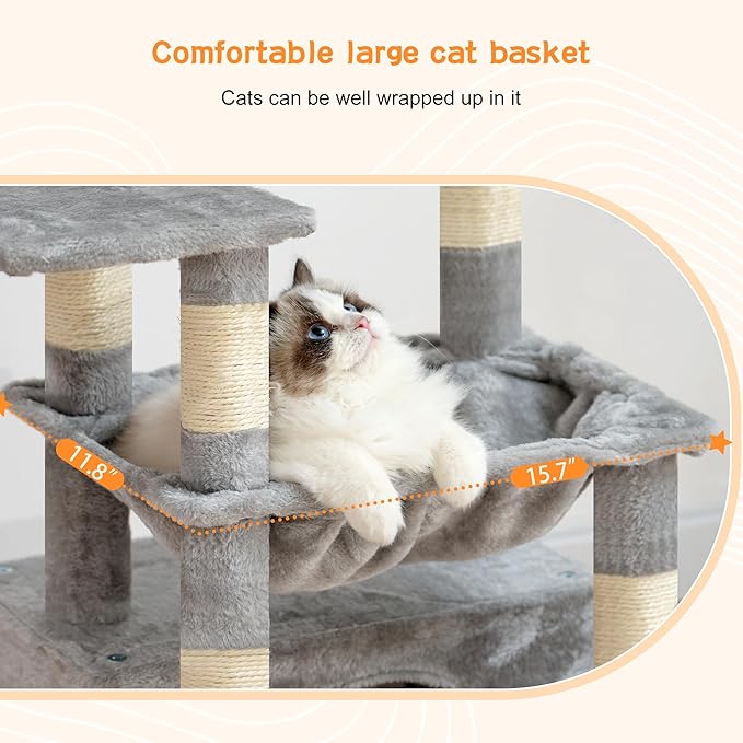 Heybly Cat Tree, Kitten Tower with Large Soft Cat Basket, Cat Condo with Spacious Cat Bed Cave with Hidden Space, Sisal-Covered Scratching Posts, Dangling Ball for Indoor Cats, Light Gray HCT008SW