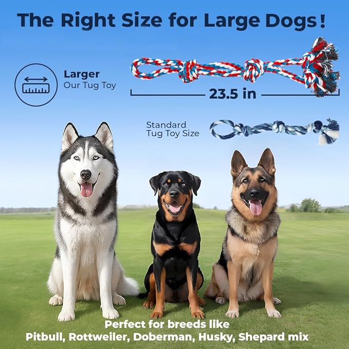 Pacific Pups Products Large Dog Rope Toy for Aggressive Chewers - 23.5" Giant Dog Tug of War Toy for Large Breeds - Durable Big Pull Rope for Teething Puppies and Heavy Duty Chewers
