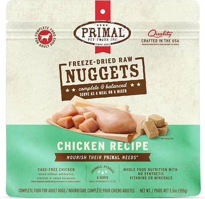 Primal Freeze Dried Raw Dog Food Nuggets, Chicken, Complete & Balanced Meal, Also Use as Topper or Treat, Premium, Healthy, Grain Free, High Protein Raw Dog Food, 5.5 oz