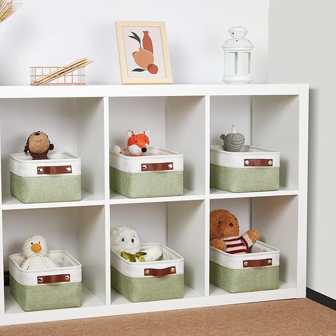 DULLEMELO Storage Baskets for Shelves, Small Fabric Collapsible Rectangular Storage Baskets for Organizing, Closets, Nursery, Home, Office, Empty Gift Baskets (6-Pack, White&Green)