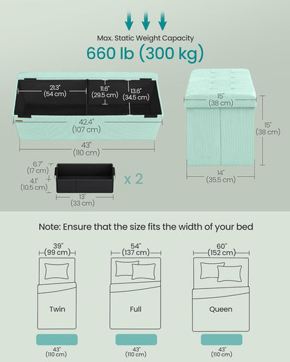 SONGMICS MAZIE Collection - Storage Ottoman Bench, Foldable Foot Rest, 15 x 43 x 15 Inches, End of Bed Bench, Storage Chest, Load 660 lb, Living Room, Bedroom, Entryway, Moonlight Green ULSF604C01