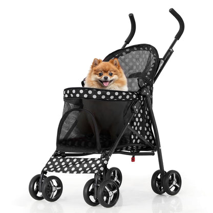 MoNiBloom 4 Wheels Pet Stroller, Easy-Fold Umbrella Shaped Dog Cat Jogger Stroller w/Storage Bag & Visible Mesh for Small/Medium Dogs Cats Black Polka Dots