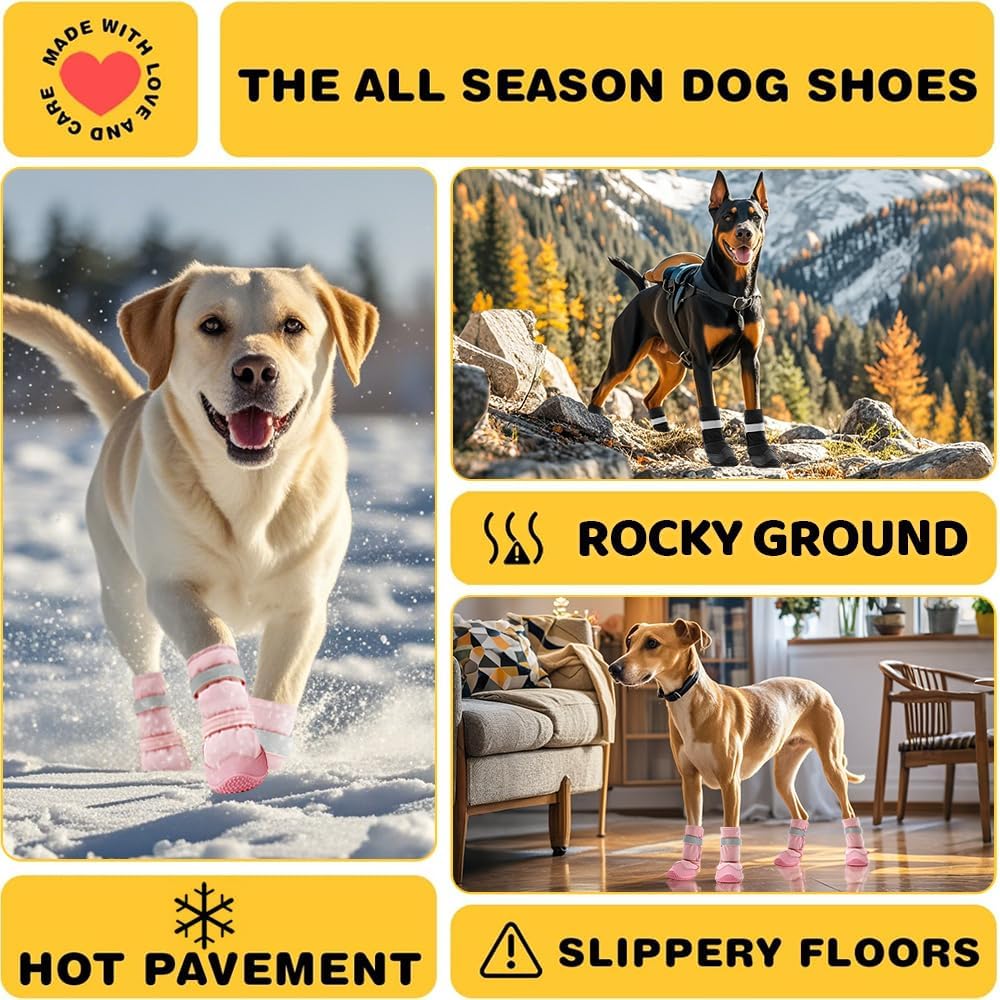 Hcpet Dog Shoes, Dog Boots & Paw Protectors for Winter Snowy Days, Rainy Weather, Outdoor Anti-Slip Sole Dog Booties for Hardwood Floor Pink-Leg 7