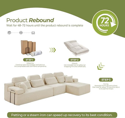 136" L-Shaped Cloud Modular Sectional Sofa with Chaise & Headrest, Boneless Deep Seat Plush Corduroy Couches for Large Living Room, No Assembly Required (White, 136" L-shapred Chaise)