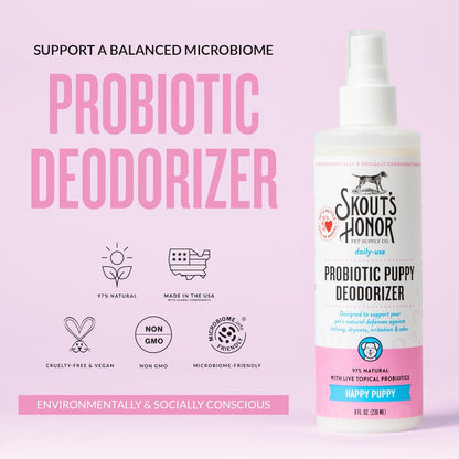 SKOUT'S HONOR Probiotic Deodorizer Spray for Pets- Hydrating Daily-Use with Avocado Oil & Omega-3s, Microbiome Friendly Certiified, Paraben & Sulfate-Free, 97% Natural, 8oz, Happy Puppy
