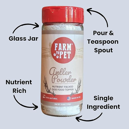 Farm To Pet - Dry Dog Food Toppers - 4.4 oz Elk Antler Meal Toppers for Dogs, Single Ingredient, All Natural, Healthy for Small, Medium, Large Breeds, and Puppies (Made in The USA)