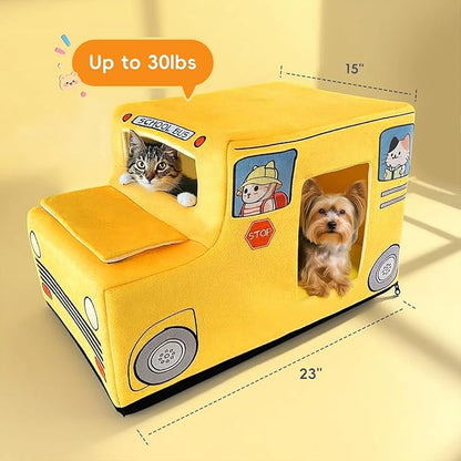 Cute Cat Beds Kitten Beds, Soft Small Dog Beds, Washable Pet Beds for Puppy and Kitty, Funny School Bus Cat Cave, 23 Inches