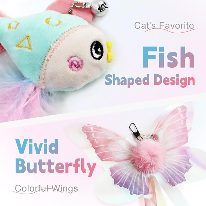 SONGWAY Cat Wand Toys for Indoor Cats - Cat Toy Set with Retractable Teaser Wand and 6 PCS Fairy Feather Toy Refills, Butterfly Tassel Plush Cat Toys Interactive, Pink