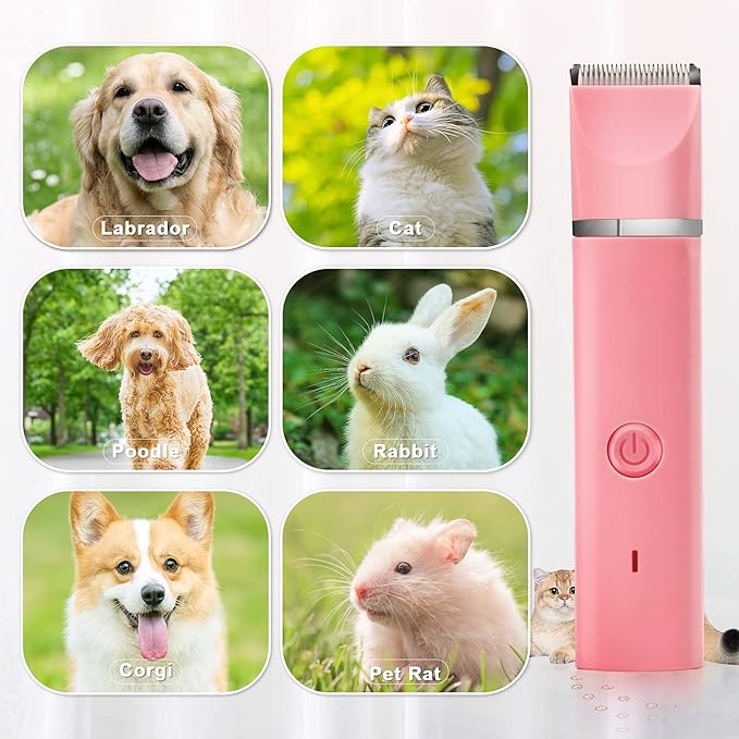 Dog Grooming Clippers Kit-Electric Rechargeable Cat Trimmer Tools-Cordless Quiet Pet Nail Paw Grinder-4 in 1 Multifunctional Low Noise Shaver-Razor for feet Face Ears Toenail Eye（Pink）
