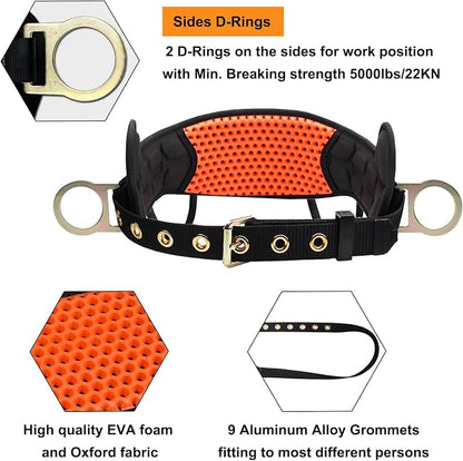 Safety Harness Climbing Belt - Tongue Buckle Safety Belt With Ventable & Moisture-Wicking Waist Pad and 2 Side D-Rings Personal Fall Protection Safety Belt for Work Positioning Restraint