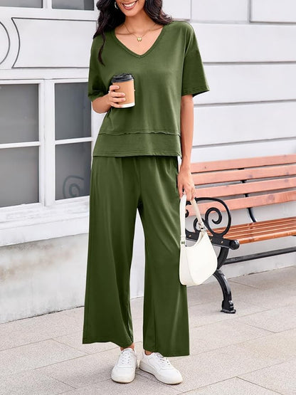 Tankaneo Womens 2 Piece Sets Casual Tracksuits Short Sleeve Tops Wide Leg Pants Outfits Lounge Sets