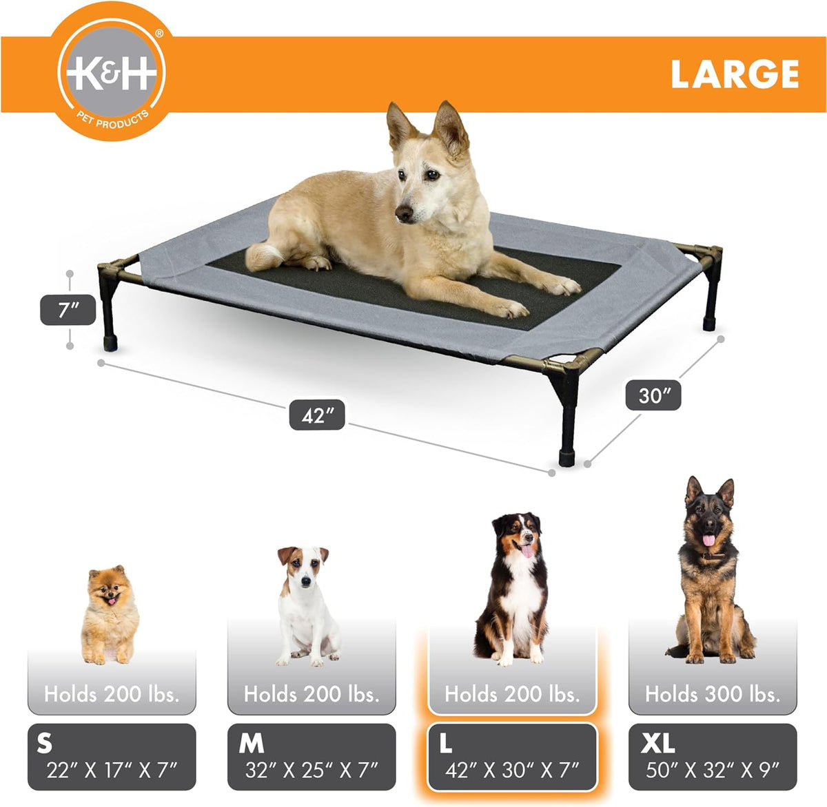 K&H Pet Products Outdoor Elevated Dog Cot, Breathable Cooling Elevated Cot Hammock Pet Bed for Large Dogs, Washable Mesh Cover, Raised Metal Frame, Collapsible, Portable - Large 42 X 30in Gray