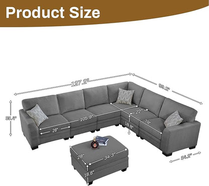 Legend Vansen Oversized Modular Sectional Sofa,7 Seat U Shaped Couch with Ottoman,Corduroy Sofa with Deep Seat,Convertible Large Sectional Couches for Living Room (Grey, L-9）