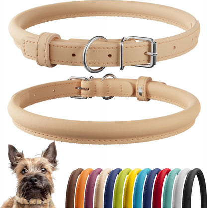 CollarDirect Rolled Leather Dog Collar, Soft Padded Round Puppy Collar, Handmade Genuine Leather Collar Dog Small Large Cat Collars 13 Colors (6-7 Inch, Beige Smooth)